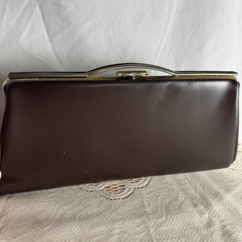 Vintage Brown Faux Leather Clutch Click Shut MCM Lining Retro Handbag Purse